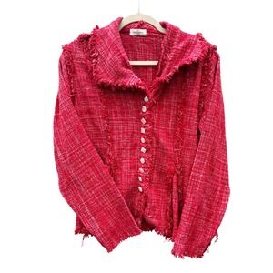 Krista Larson Red Tweed Silk Jacket Fringed Teacher Boho Valentine Day One Size